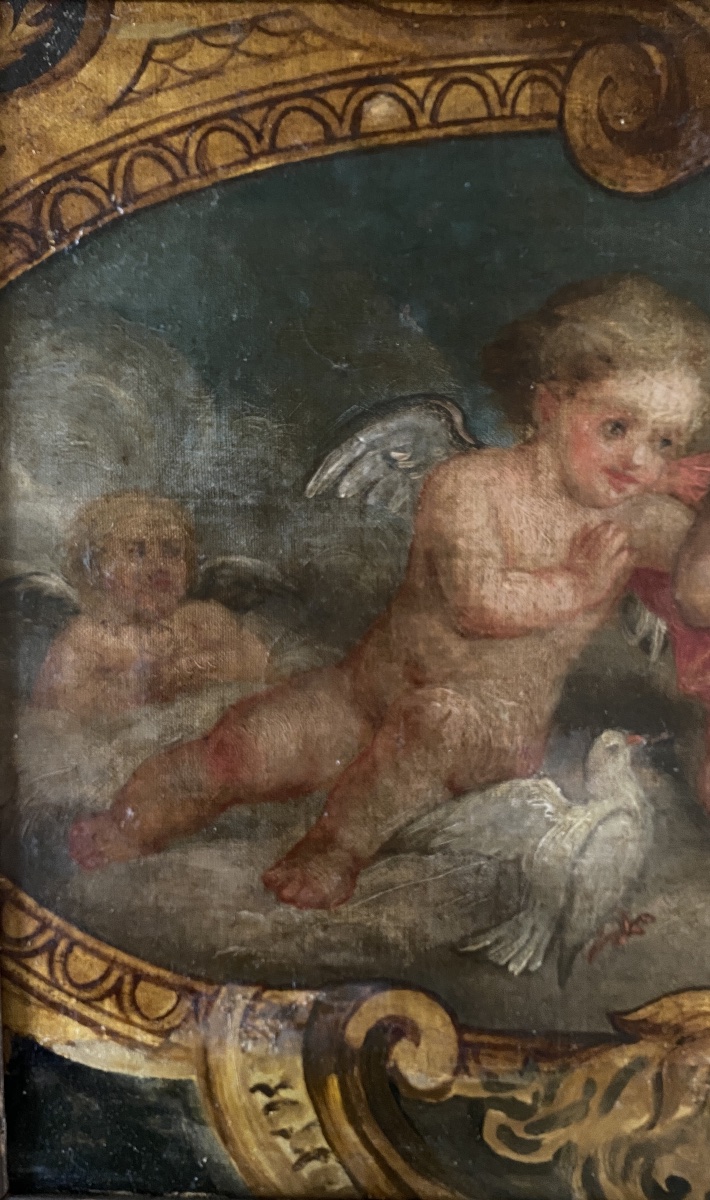 Angels. Cherubs And Doves. 18th Oil On Canvas Mounted On A Wooden Panel.-photo-1