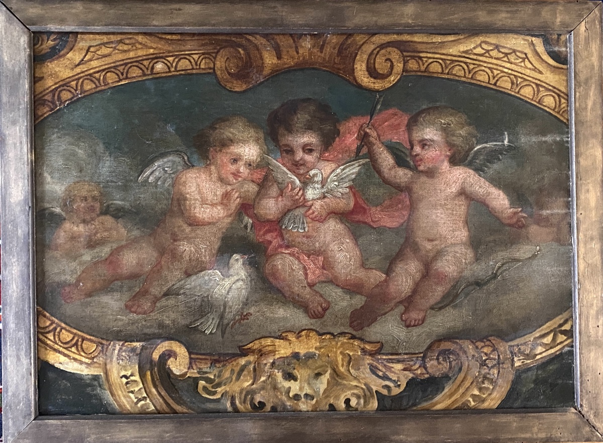Angels. Cherubs And Doves. 18th Oil On Canvas Mounted On A Wooden Panel.