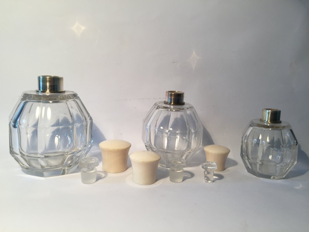 Three Art Deco Perfume Bottles. Crystal And Ivory.-photo-3