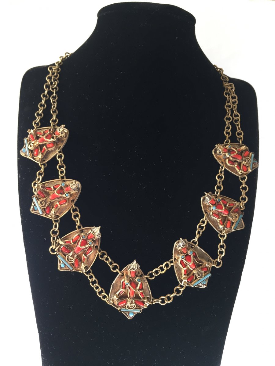 Couture Necklace. Golden Metal And Glass Paste.