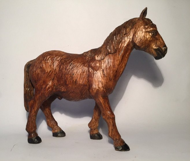 Cheval en Bois Sculpté. Travail dit de « Forêt Noire ».-photo-4