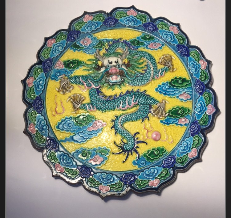 Polylobed Enameled Ceramic Plate. Dragon. China  XXth.-photo-2