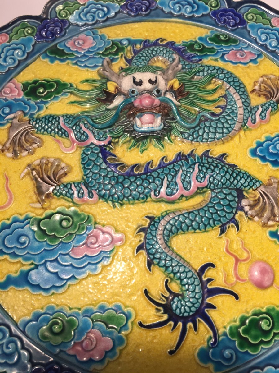 Polylobed Enameled Ceramic Plate. Dragon. China  XXth.-photo-2