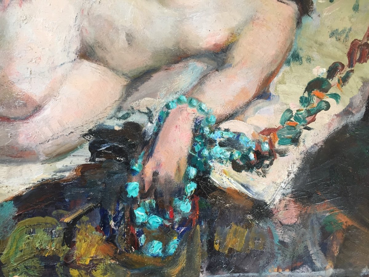 « laying Feminine Nude With A Turquoise Necklace ». Framed Oil On Cardboard. French School. Early XXth-photo-3