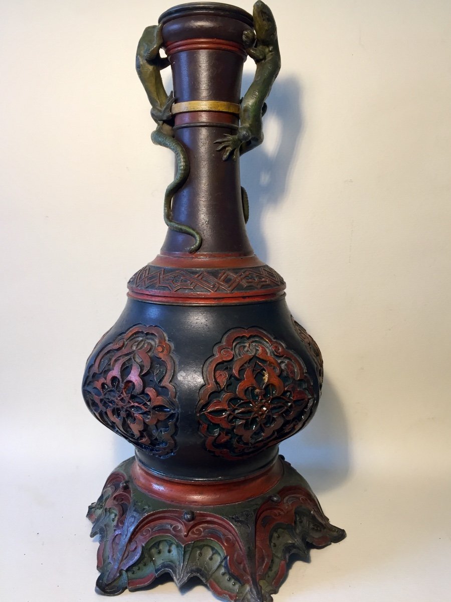 XIXth Lamp Base Vase. Orientalist Decor. Lizards. Polychrome Metal.-photo-4