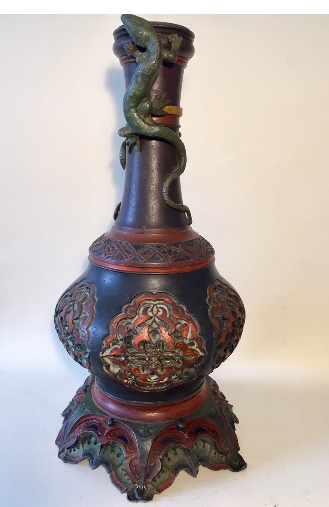 XIXth Lamp Base Vase. Orientalist Decor. Lizards. Polychrome Metal.-photo-3