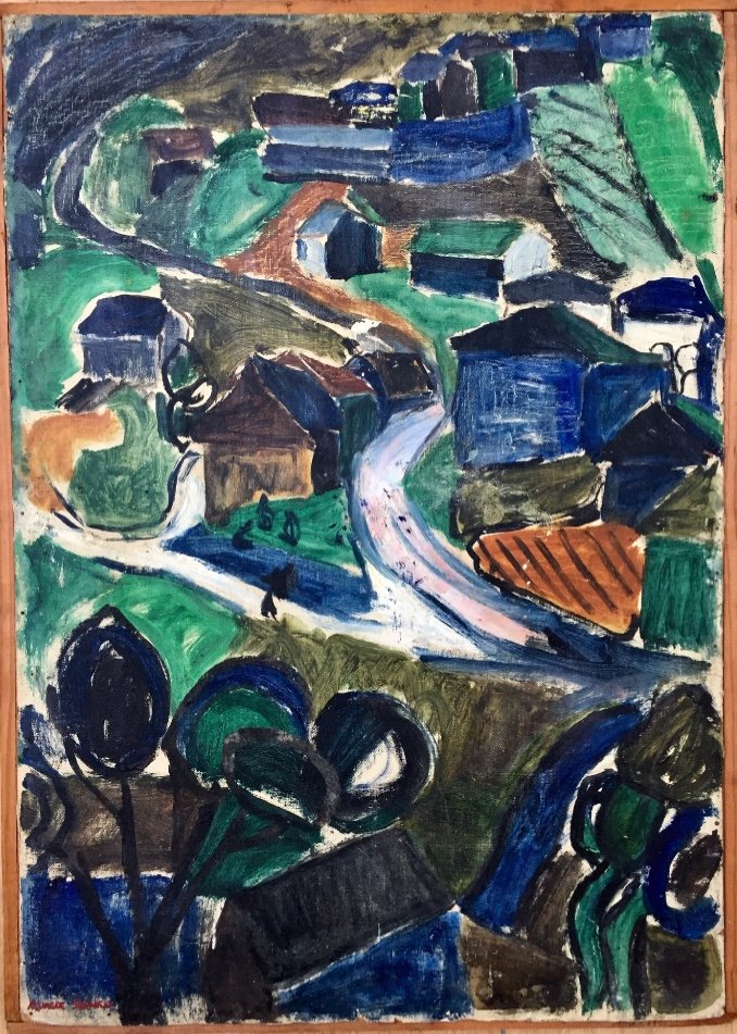 « blue Landscape ». Oil On Canvas. Lika Yanko. Bulgaria Mid XXth.