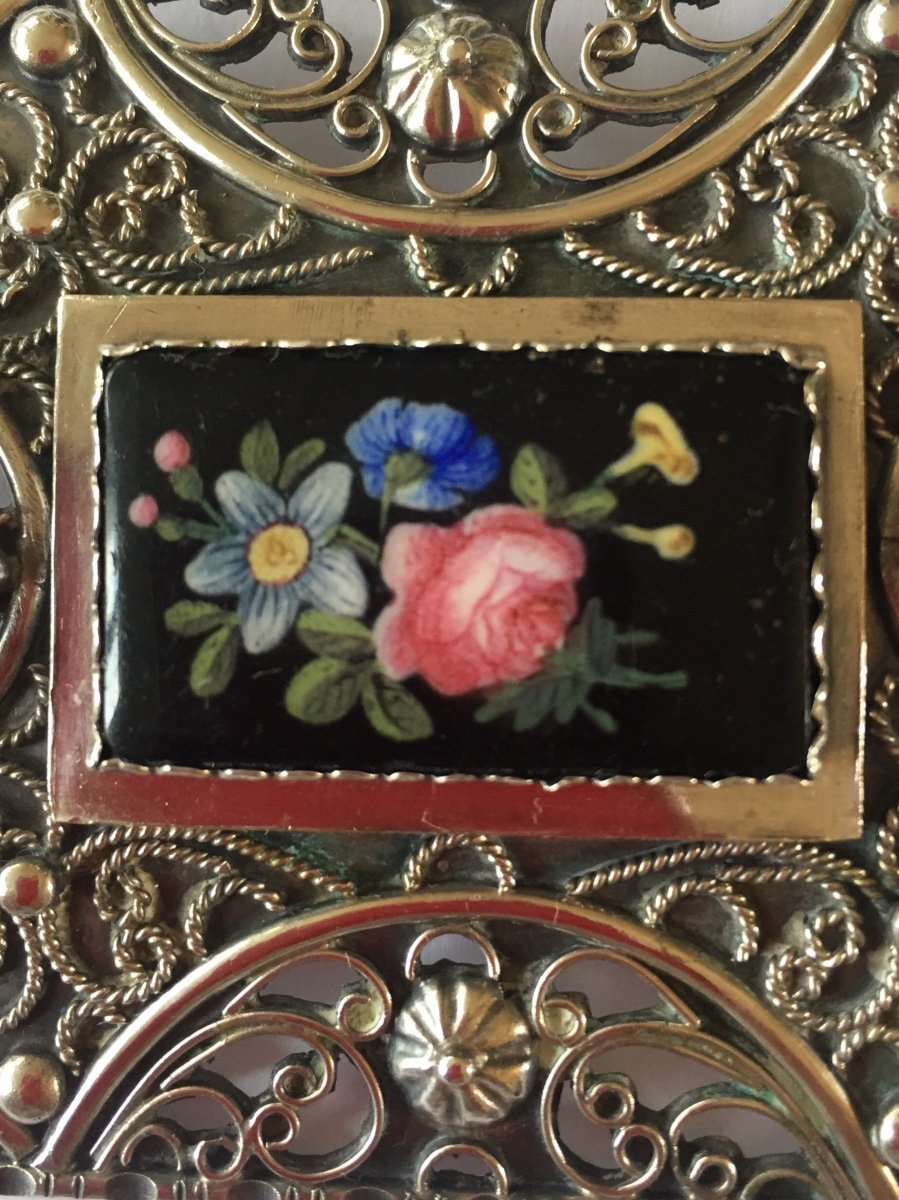 Grande Broche XIXème En Argent Et Cabochons De Porcelaine Peinte.-photo-4
