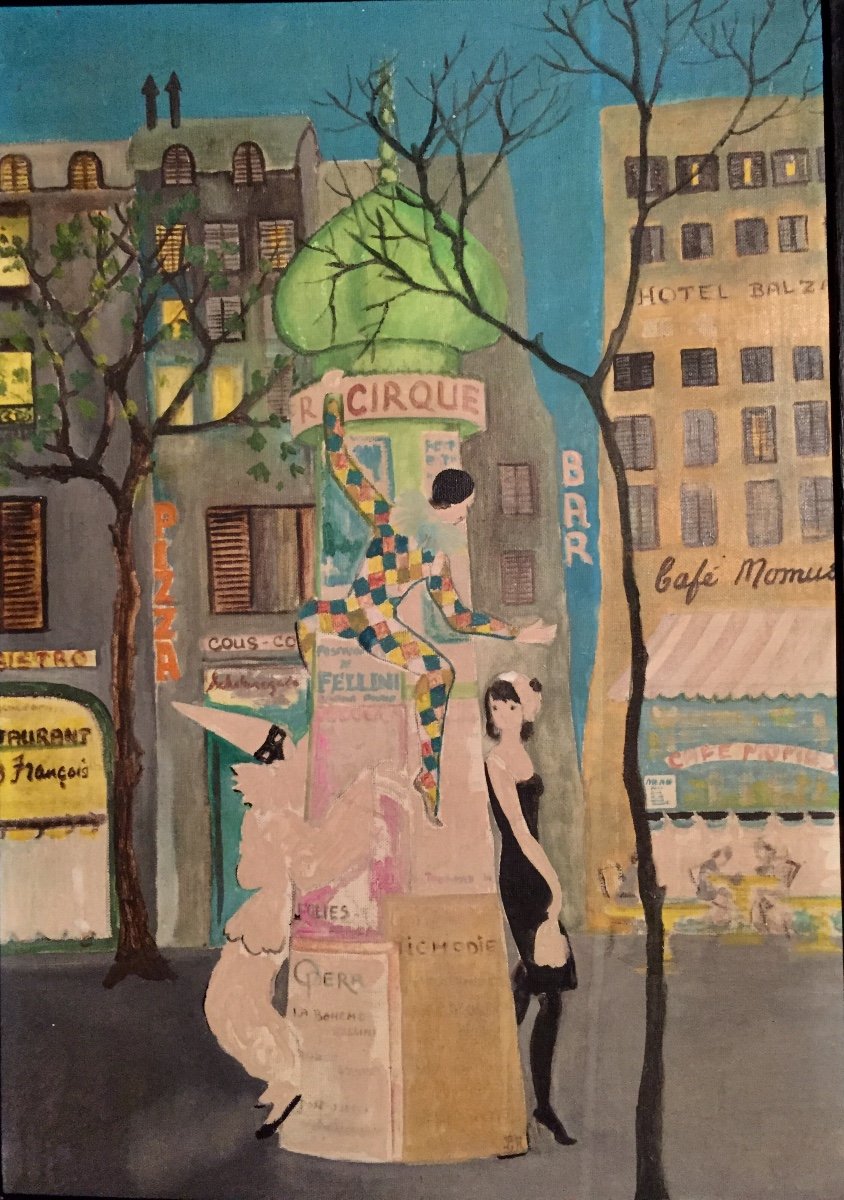 «Arlequin dans la rue . Paris. Huile Sur Carton Entoilé. Liz Reber. Années 60 /70-photo-3