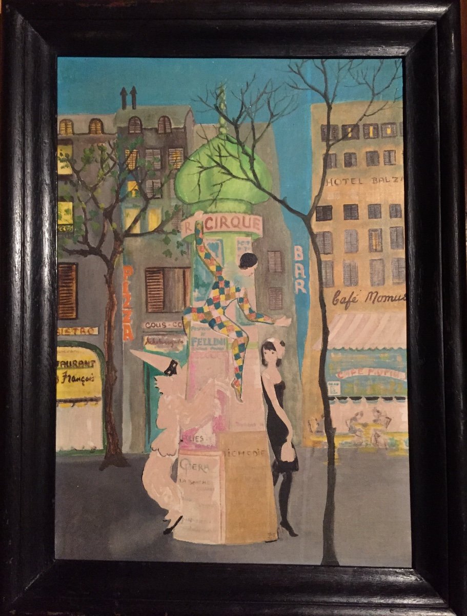 «Arlequin dans la rue . Paris. Huile Sur Carton Entoilé. Liz Reber. Années 60 /70
