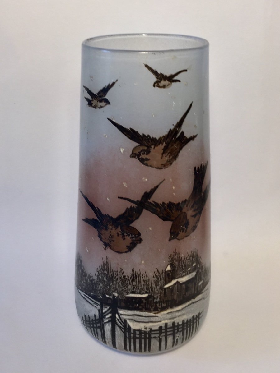Blown Glass Vase Early XXth. Enamelled Decor. Birds On Winter Background. Jem For Legras.-photo-1