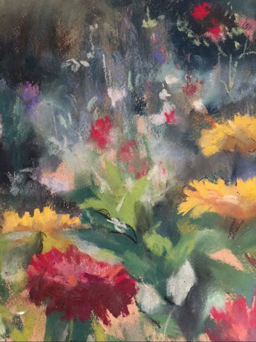 “les Zinnias”. Pastel Sur Papier. Marthe Pasteur. 1943.-photo-3