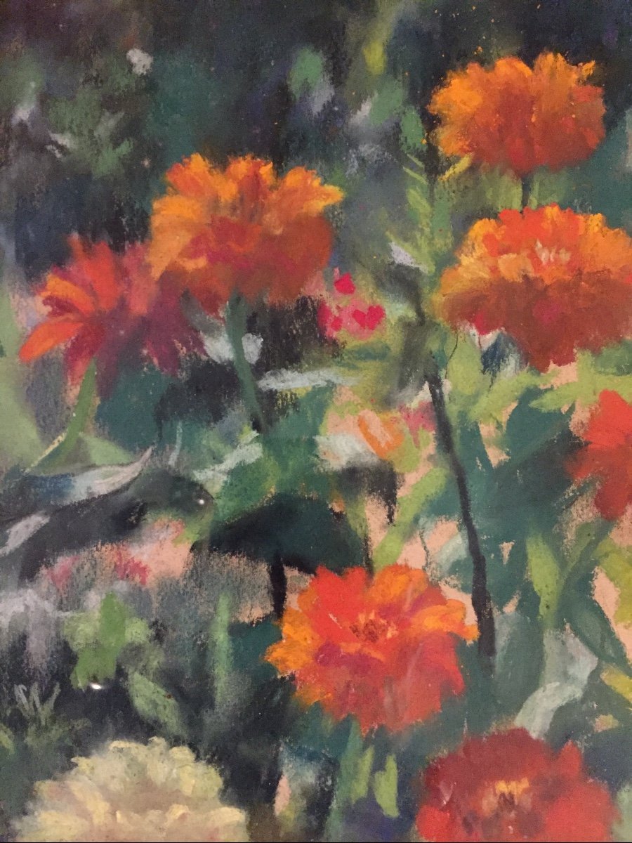 “les Zinnias”. Pastel Sur Papier. Marthe Pasteur. 1943.-photo-4