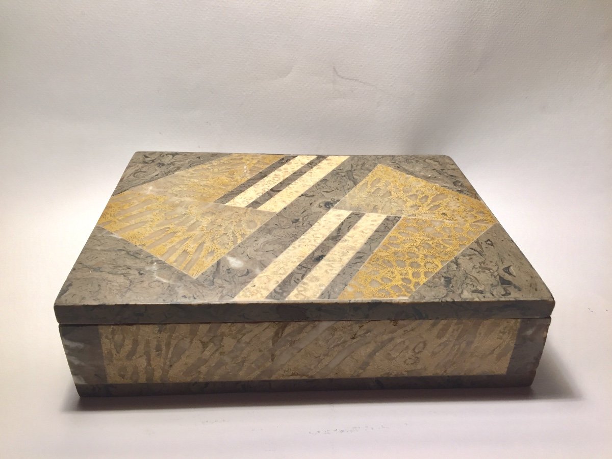 Wooden Box And Marble Marquetry Art Deco Style. Mid 20th Century.