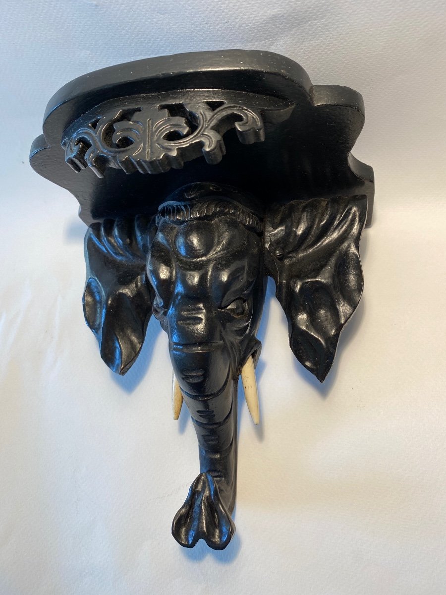 Small Wall Stand .late XIXth. Sconce.  Elephant Head. Blackened Carved Wood.