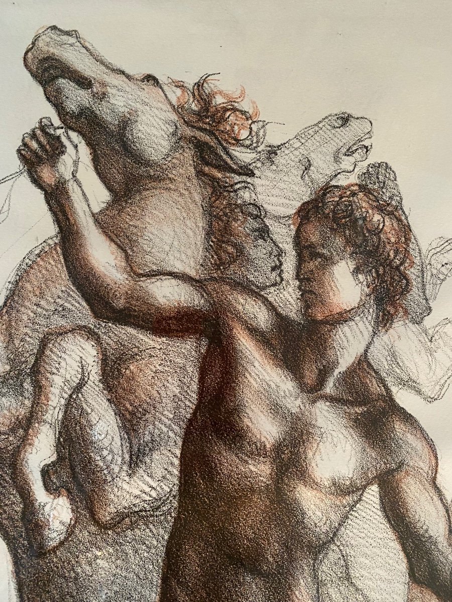Naked Warrior Holding A Rearing Horse. Neoclassical Lithography. Mid XXth.-photo-4
