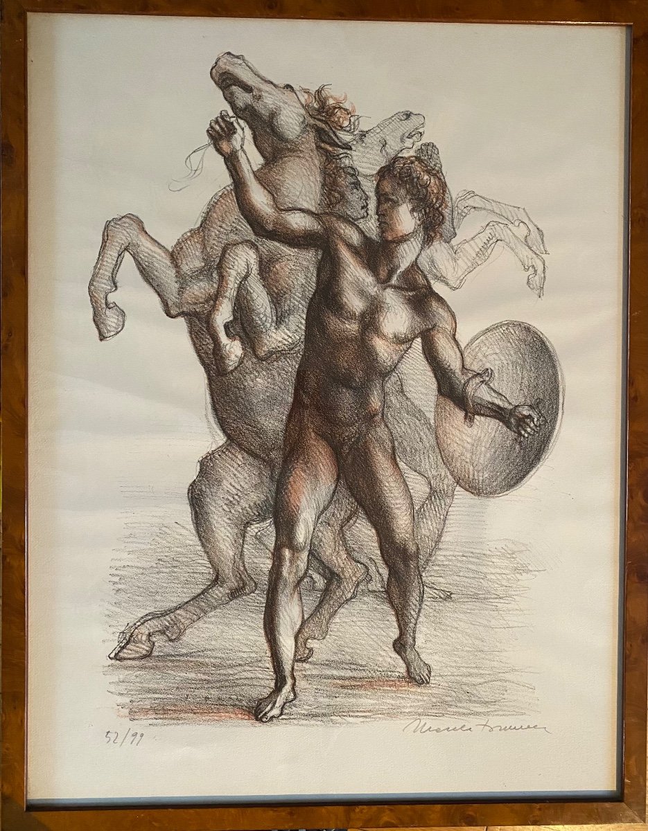 « Guerrier Nu Tenant Un Cheval Cabré » . Lithographie néoclassique Milieu XXème.