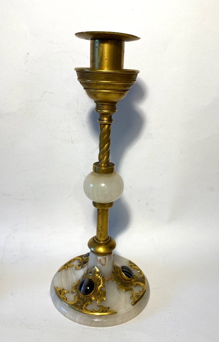 Pair Of XIXth Candlesticks. Bronze, Alabaster And Agate Cabochons.-photo-4