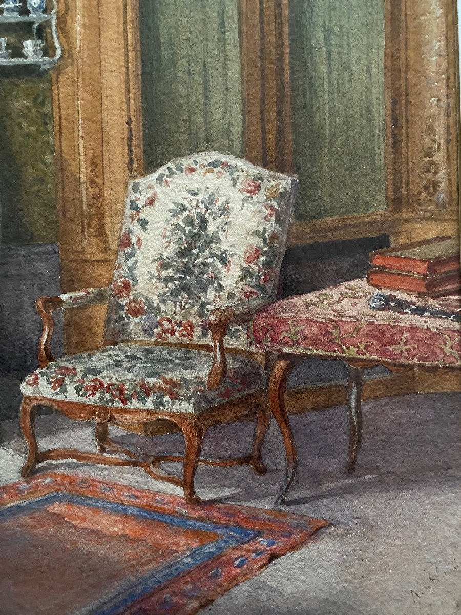 19th Century Watercolor. Furnished Interior.-photo-3