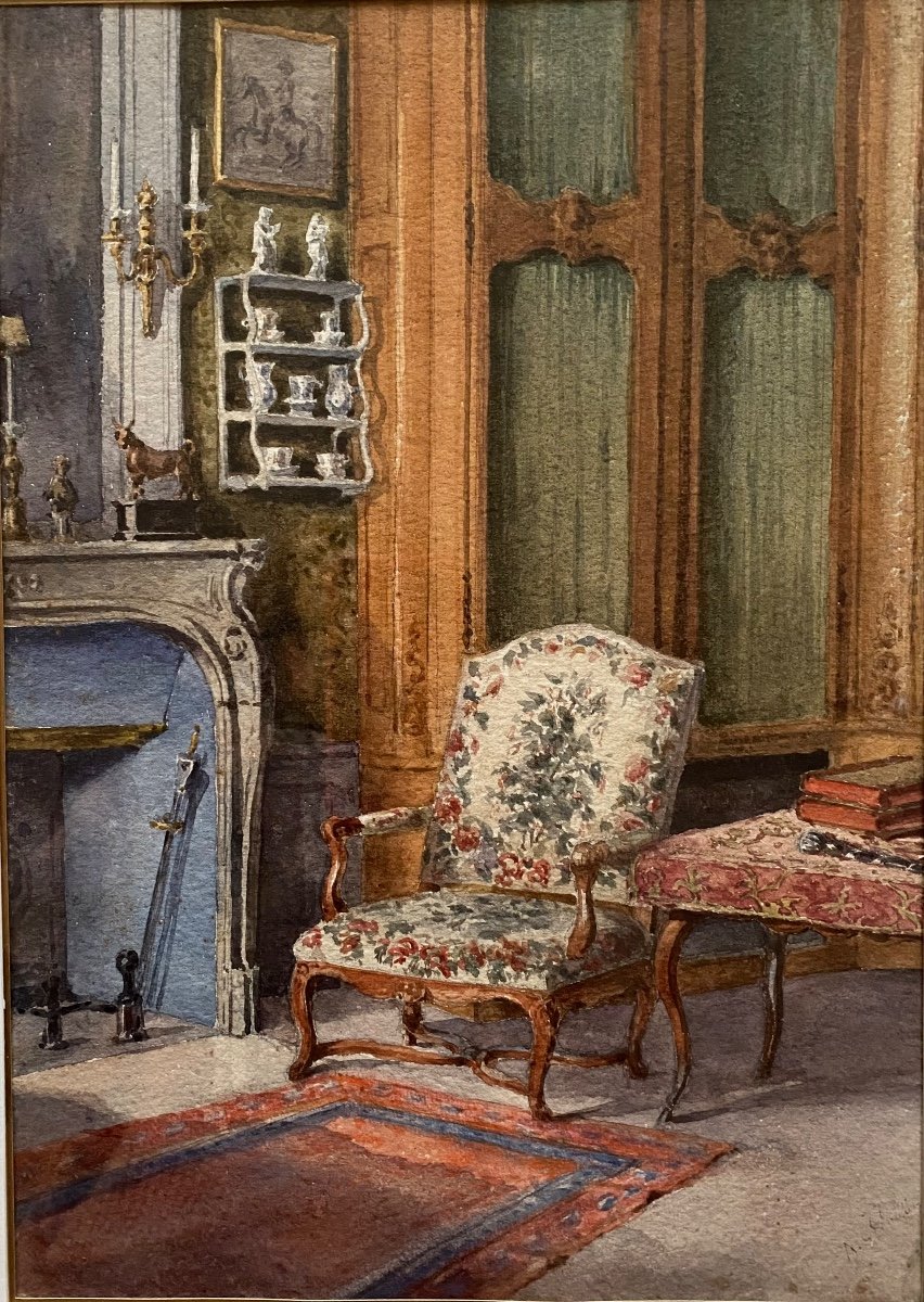 19th Century Watercolor. Furnished Interior.-photo-1