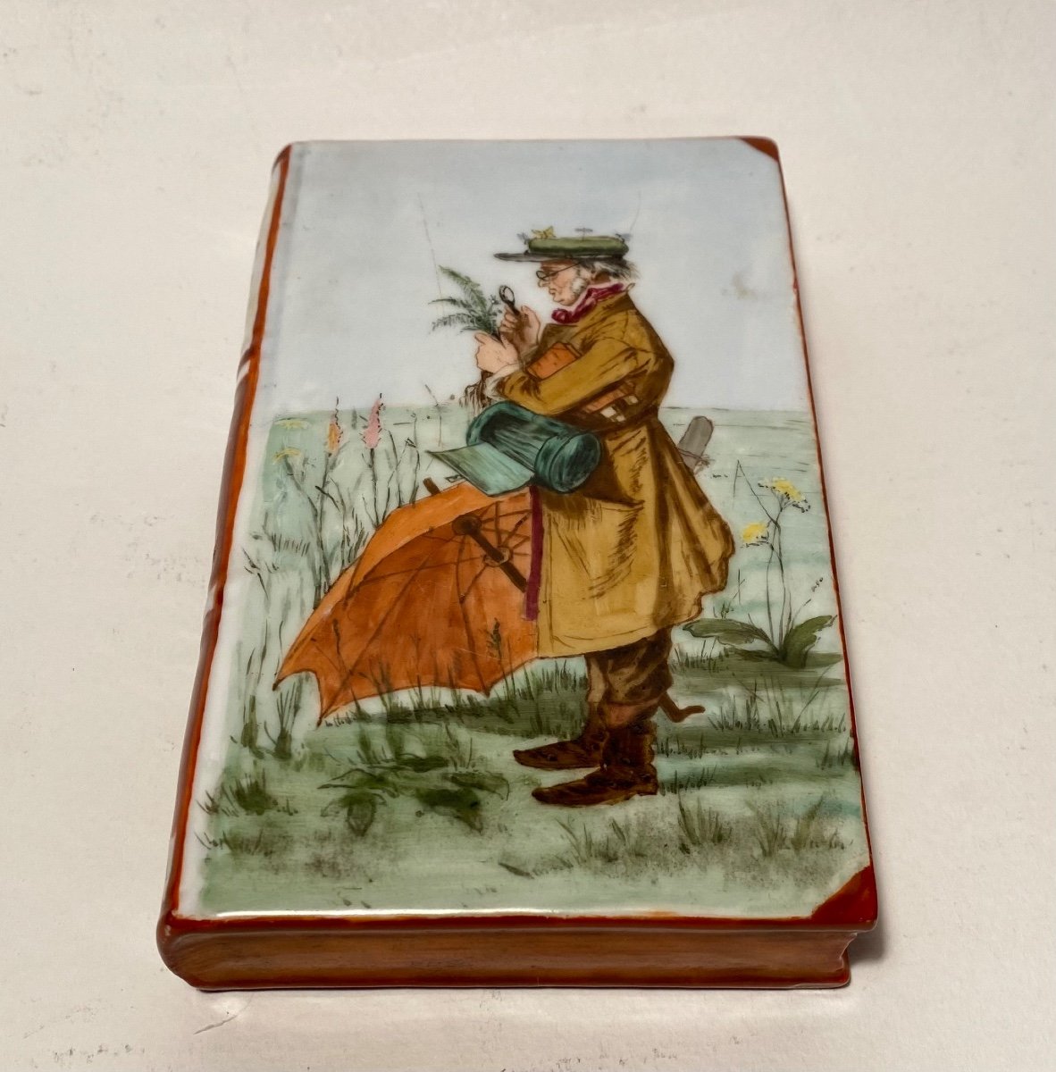 Nineteenth Century Porcelain Paperweight. Trompe l'Oeil Book. Painted Decor ??the Botanist”.-photo-4