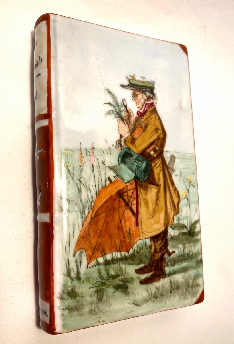 Nineteenth Century Porcelain Paperweight. Trompe l'Oeil Book. Painted Decor ??the Botanist”.