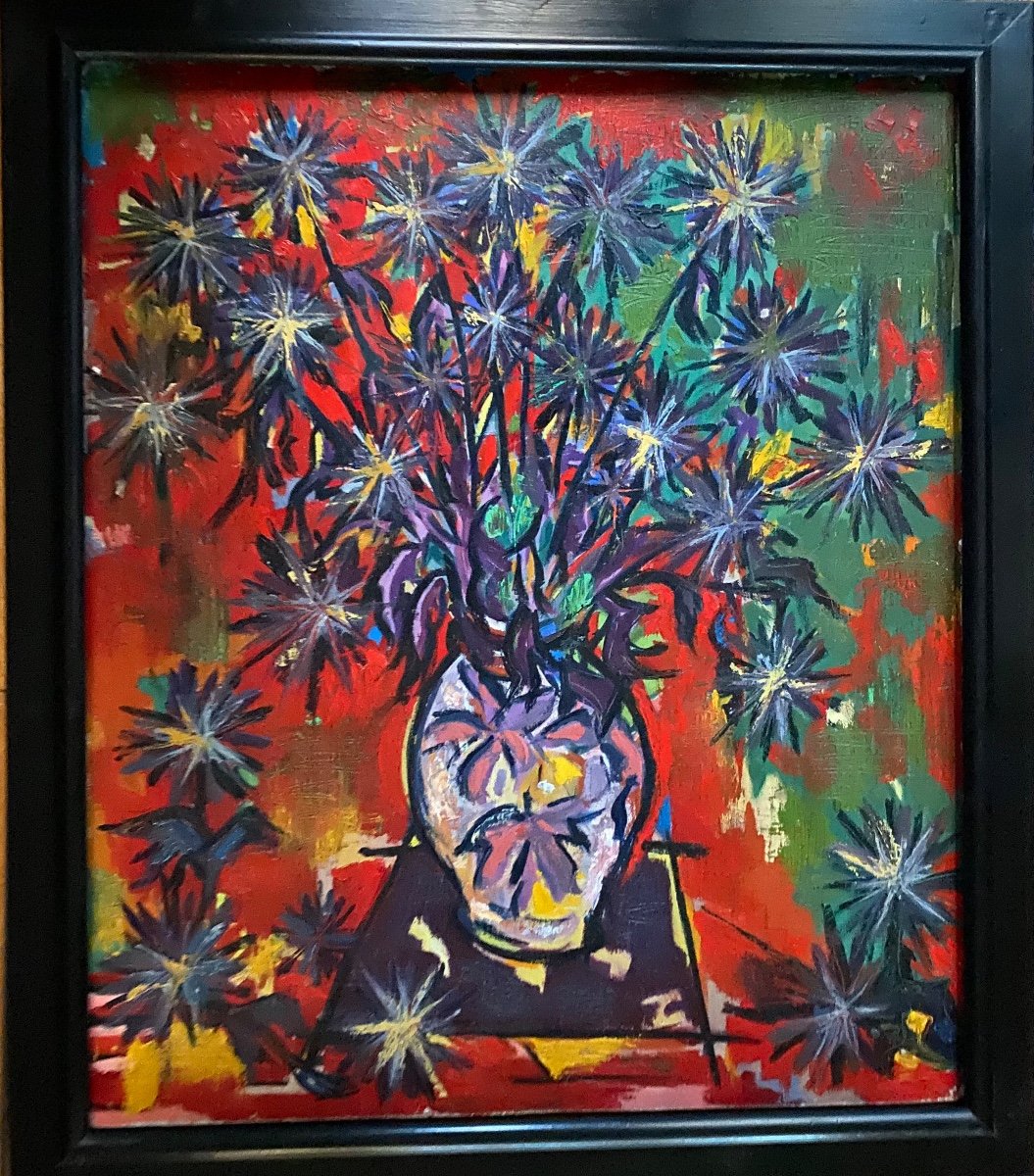 “ Dahlias”. Oil On Cardboard. Mid 20th . Raymond Guidot.