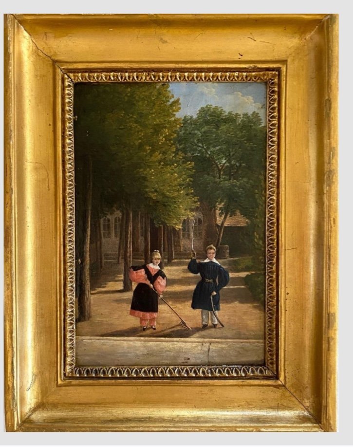 «  Jeux D’enfants dans une cour d’école ». Huile Sur Toile encadrée . Début XXème.