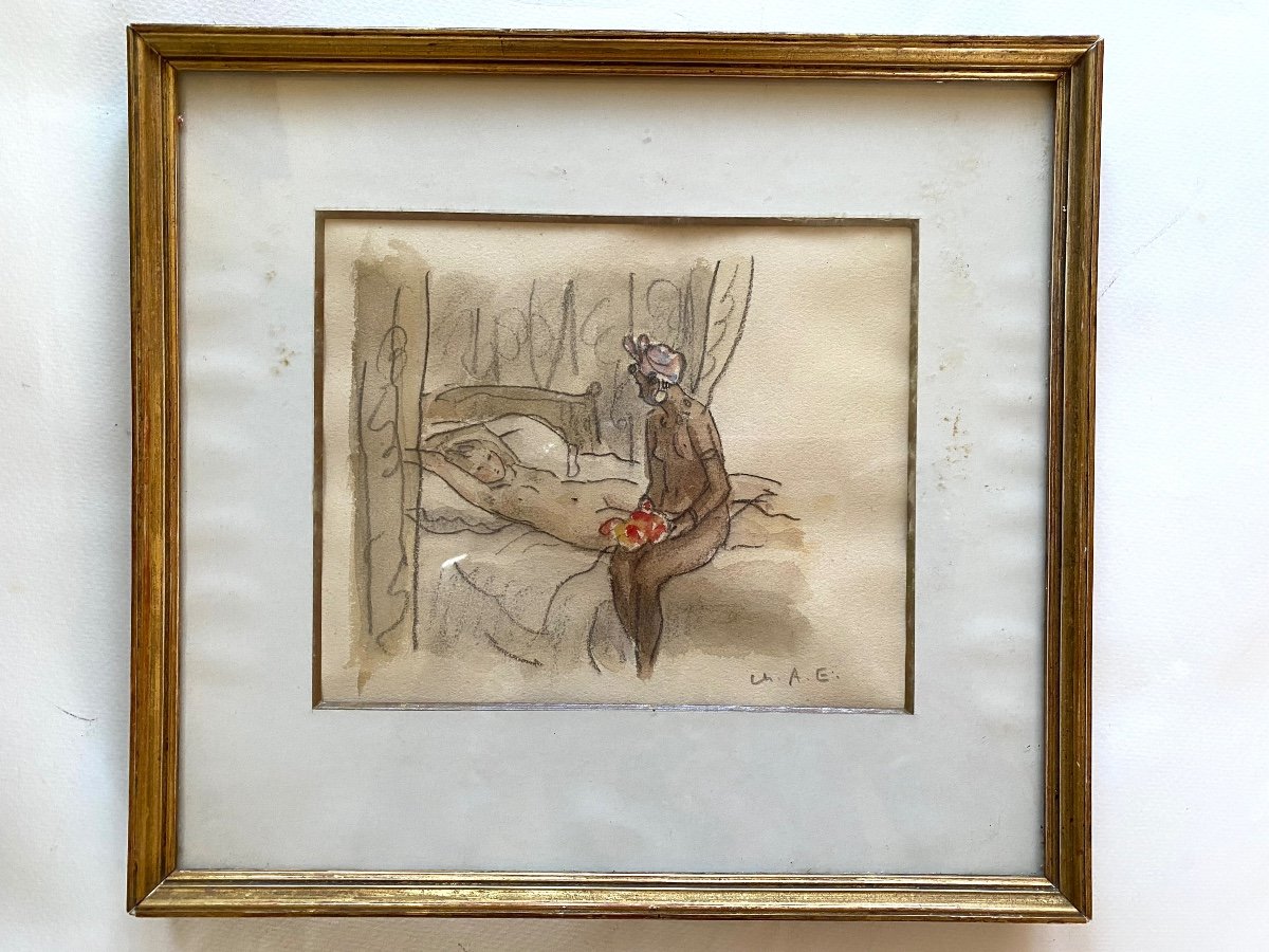 «  La Moderne  Olympia». Nus Féminins. Dessin Aquarellé Début XXème. Ch. A. E.-photo-2