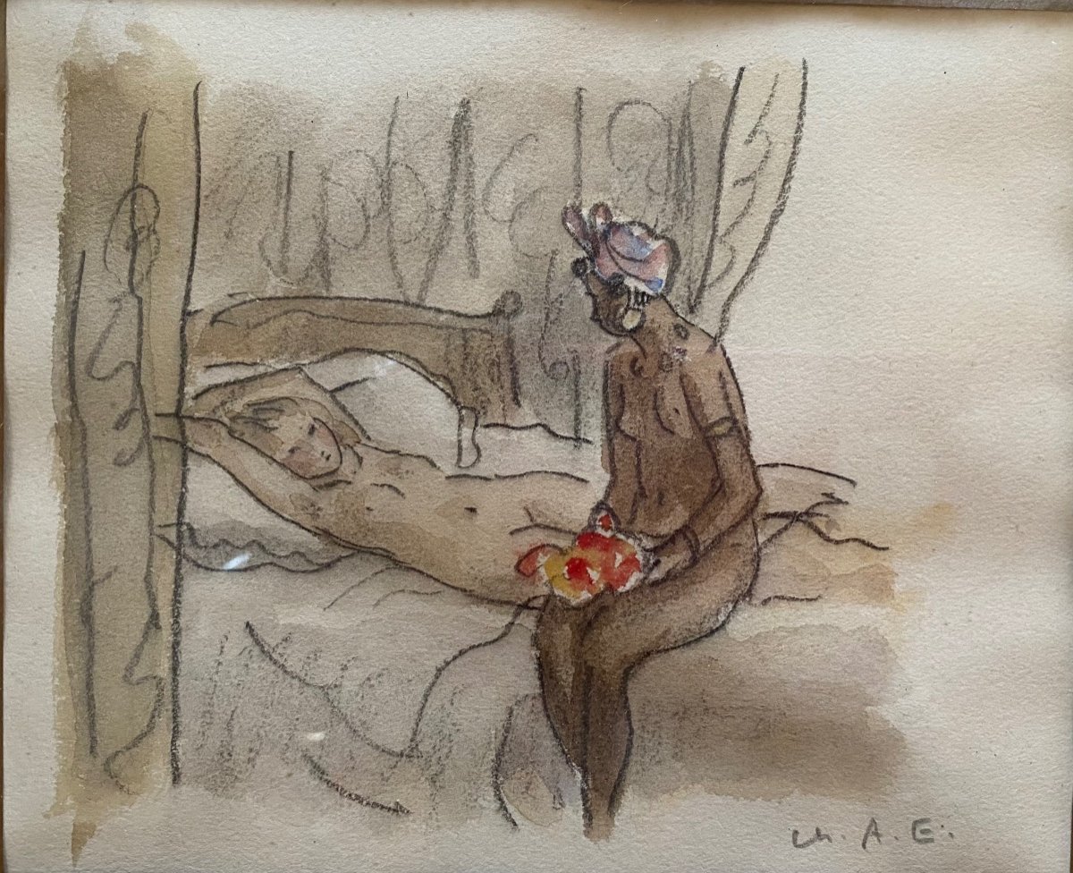 «  La Moderne  Olympia». Nus Féminins. Dessin Aquarellé Début XXème. Ch. A. E.