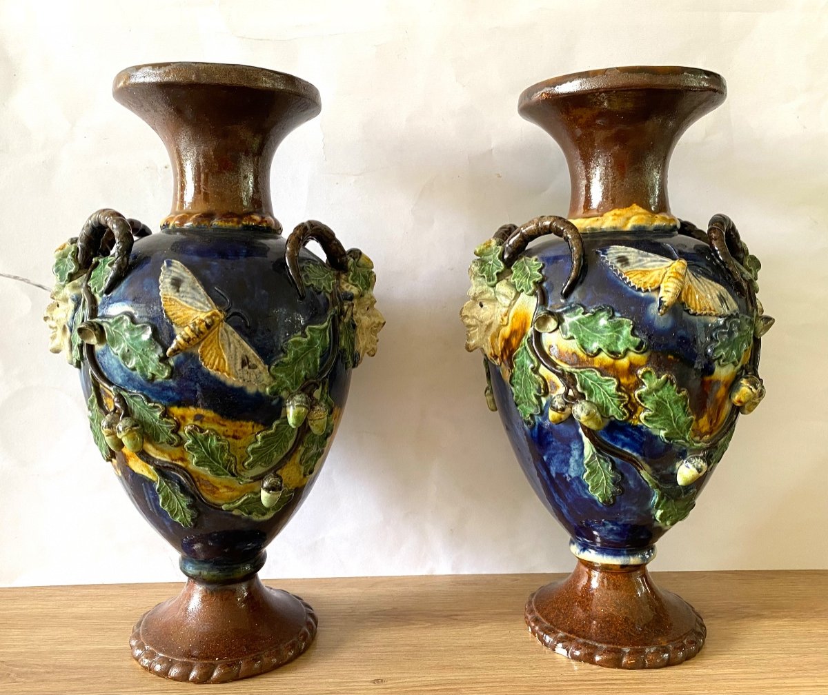 Pair Of XIXth Majolica Vases. Fauns, Oak Leaves And Butterflies. Thomas Sergeant.