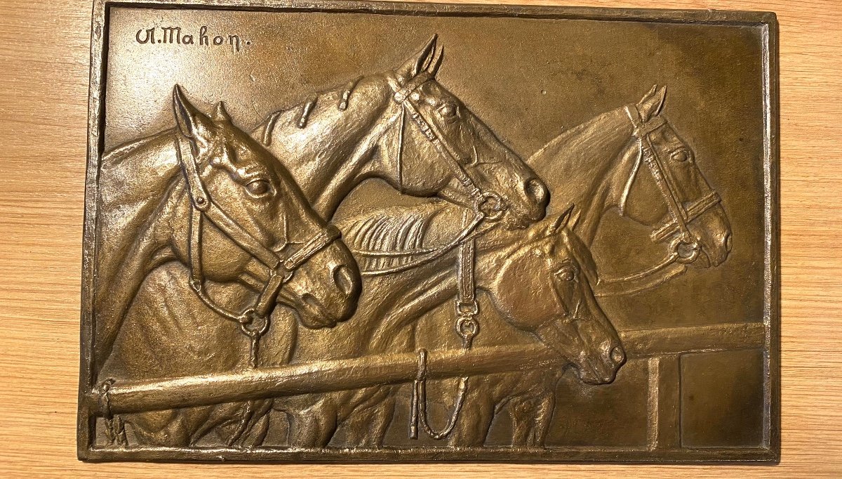 André Mahon. “ Chevaux De Course”. Bas-relief En Bronze.  Début XXème. 