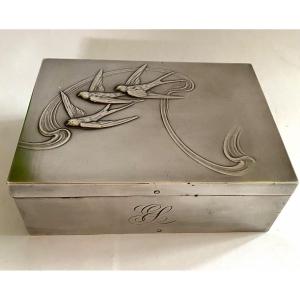 Art Nouveau Silver Box . Wooden Inside. Sparrows Decor. Eugene Lefebvre Silversmith.