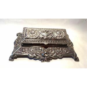 Large Office Stamp Box. Late 19th Century. Silvered Bronze. Louis XVI Style Decor.
