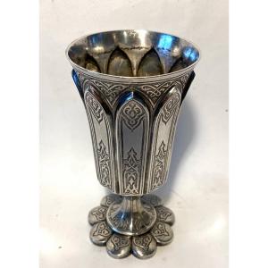 19th Century Russian Silverware. Cup On Pedestal. Sterling Silver 84. Stamped And Engraved Decor.