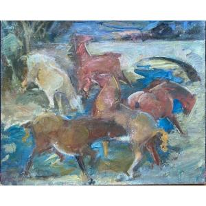 Horses In A Meadow. Henri Malançon. Oil On Canvas. Early XXth.