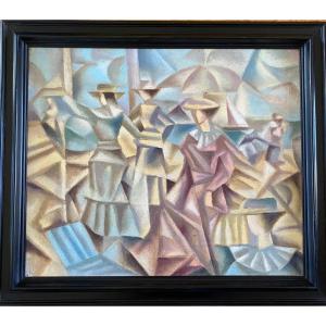 “ The Ladies Of The Coast”.  Cubist Oil On Canvas Mounted On Board Early XXth.