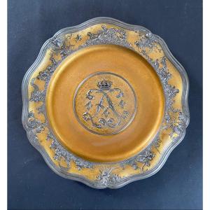 Jules Brateau. Rare Pewter Dish. Monogram Of Louis XV, Fleur-de-lys And Royal Crown.