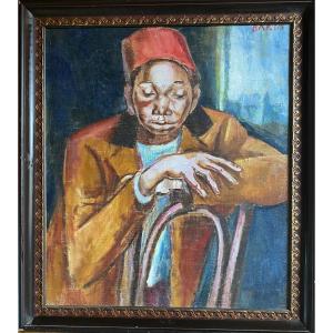 Lazlo Barta. “portrait Of A Man Wearing A Fez”. Framed Oil On Canvas. Mid. XXth.