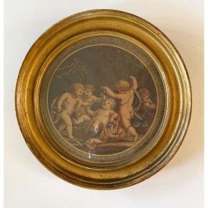 Framed Louis XVI Style Engraving. Bacchus And Putti Harvesters. Allegory Of Autumn.