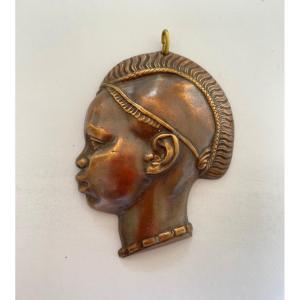 Emile Monier. Africanist Brass Pendant. Woman Profile. 1930s.
