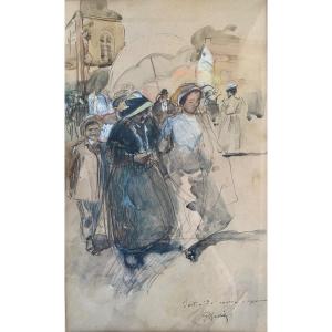 " The Outing From Mass". Watercolor. Gaston Maurie. Late 19th / Early 20th Century