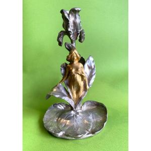 Art Nouveau Candlestick In Gilt And Silver Bronze. Flower Woman. Iris.