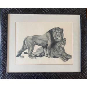 “ Lion And Lioness”. Art Deco Lithograph. Georges-lucien Guyot. 1937.