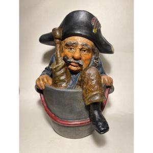 Polychrome Metal Tobacco Pot. 19th Century. Pirate With Bicorn And Pestle In A Bucket.