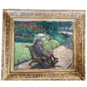 “ Reading In The Park”. Oil On Impressionist Canvas. 19th Century French School.