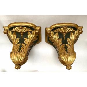 Pair Of 19th Century Wall Consoles. Painted And Gilded Carved Wood. Acanthus Leaves Decor.