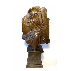 Bas-relief En Bronze Sur Socle XIXème. Buste D’athena / Minerve D’après L’antique.