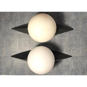 Pair Of Sconces. Arlus Edition. Black Brass And White Opaline. 50s/60s.