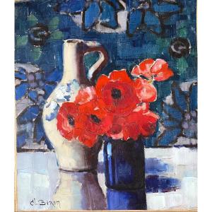 Clémence Biron. “bouquet Of Red Anemones Or Poppies”. Oil On Canvas Early 20th Century.